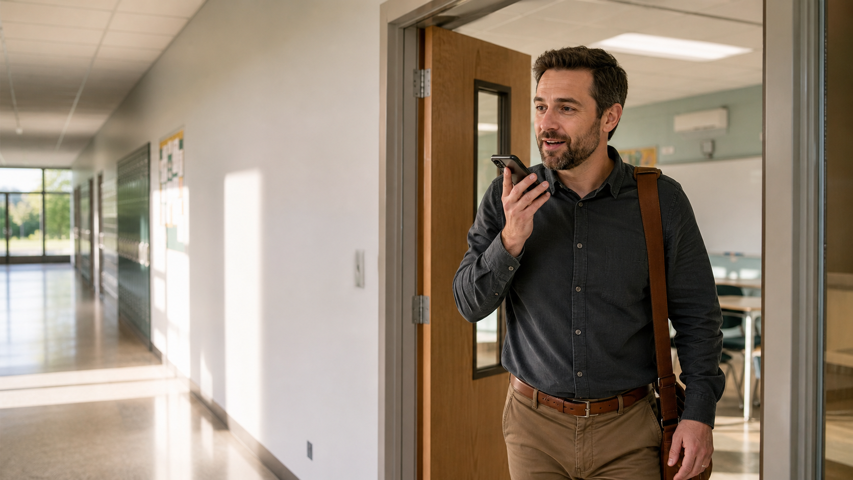 A teacher recording a quick voice note as he leaves his classroom